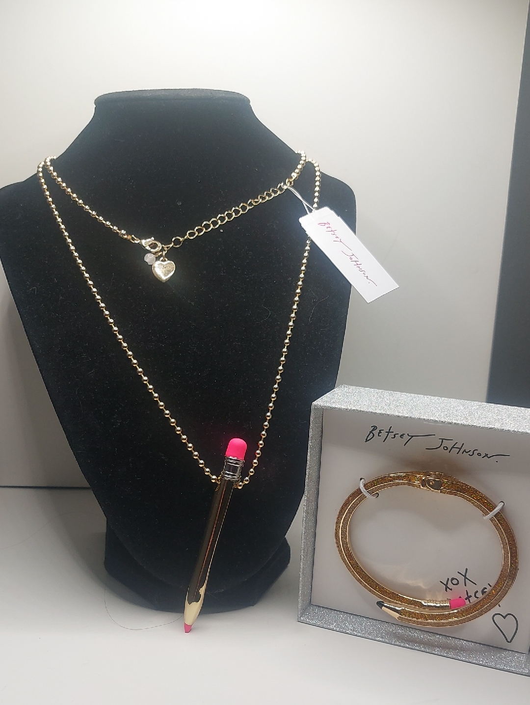 Betsey Johnson Gold Toned Pencil Jewelry Ball Chain Necklace And Hinge Bracelet